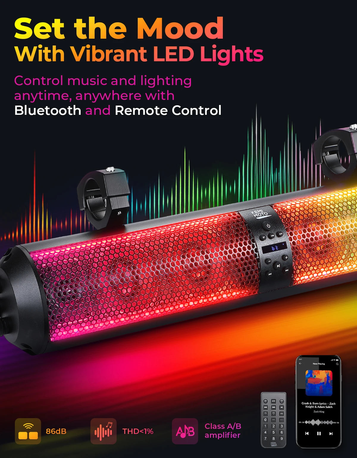 Altavoces Bluetooth KEMIMOTO UTV RGB, barra de sonido potente compatible con Polaris RZR 800 900 XP Turbo para Can-Am X3 Max para Honda