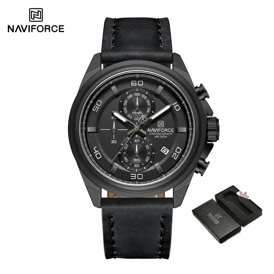 Reloj de pulsera para hombre NAVIFORCE, original, de negocios, de lujo, con correa de cuero, cronógrafo deportivo, resistente al agua 3ATM, de cuarzo