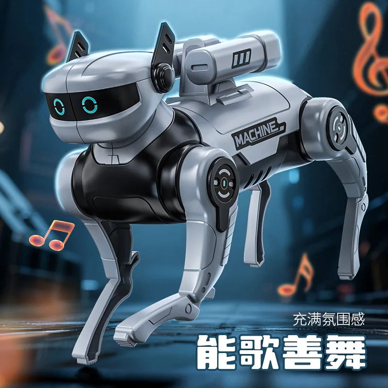 Perro robot plateado con accesorios en el lomo y ojos LED, postura de pie