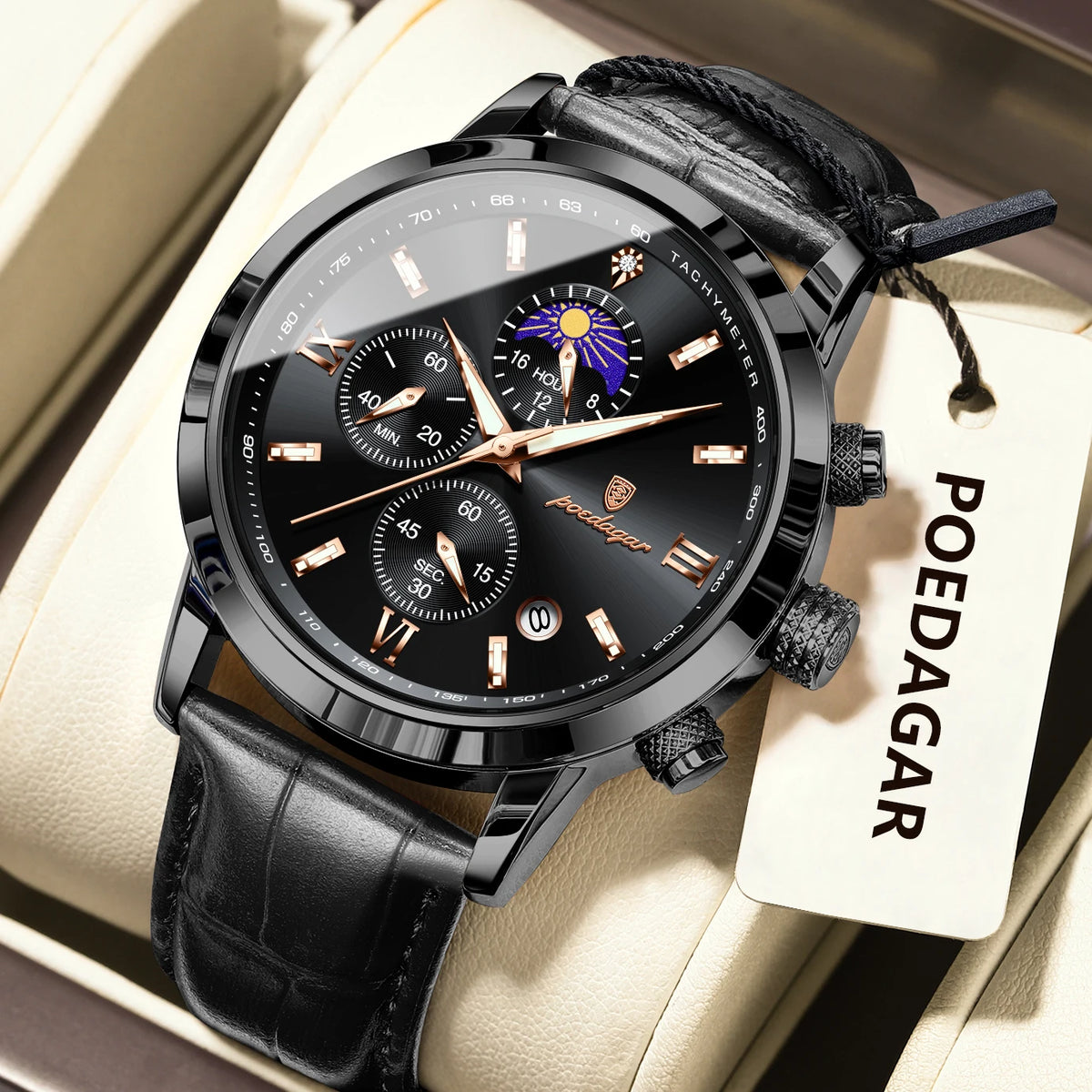 Reloj de pulsera original para hombre POEDAGAR, cronógrafo, con fecha, luminoso, resistente al agua, reloj de lujo de cuarzo con correa de piel para hombre