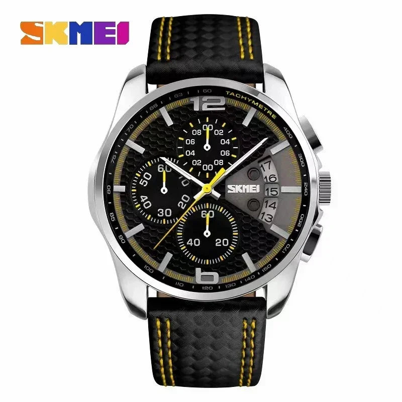 SKMEI 9106 Waterproof Quartz Sport Watch for Men Luxury Leather Date Calendar Stopwatch Wristwatches Mens Shockproof Clock