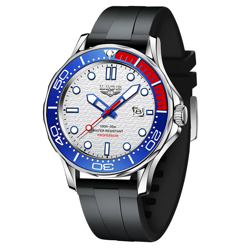 LIGE Nuevo Reloj de Negocios para Hombre, Reloj de Buceo de Lujo de Marca Superior en Azul para Hombre, Reloj Deportivo Impermeable con Fecha, Relogio Masculino, con Caja