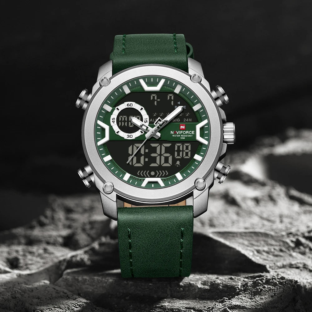 NAVIFORCE Sport Watches for Men Strong Luminous Dual Display Waterproof Genuine Leather Quartz Wristwatch Relogio Masculino