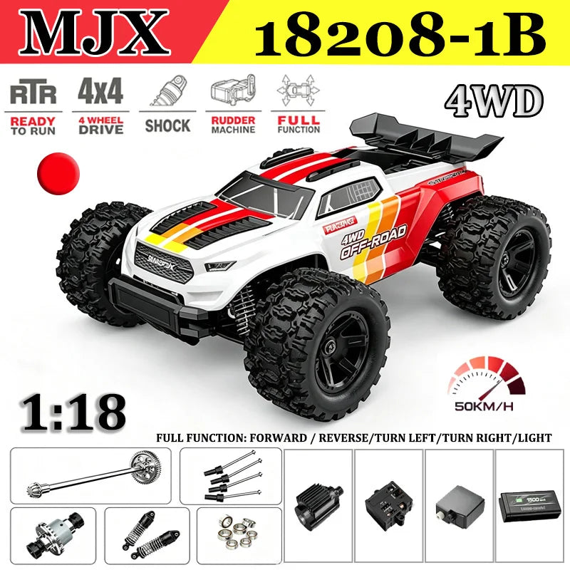MJX HYPER GO 1:18 4WD 50km/h 18208 Coche de Control Remoto de Alta Velocidad, Monster Truck, Vehículo Todoterreno de Doble Carcasa, Coche de Juguete para Niños RTR