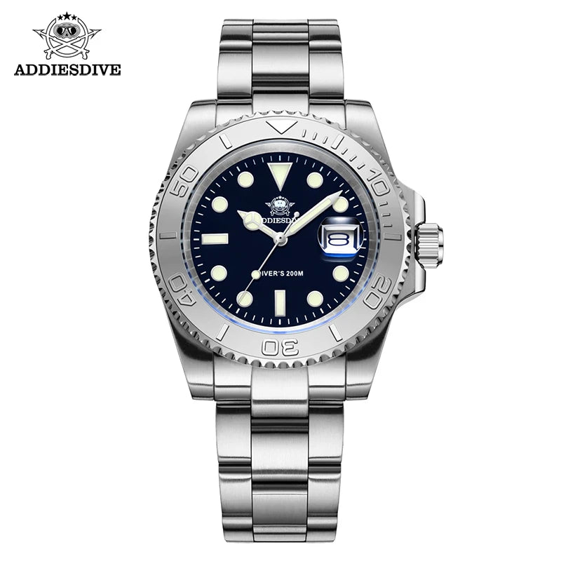 Reloj de cuarzo para hombre ADDIESDIVE, resistente al agua 200 m, bisel de cerámica, reloj de acero, cristal con lupa, luminiscencia azul BGW9, reloj de buceo
