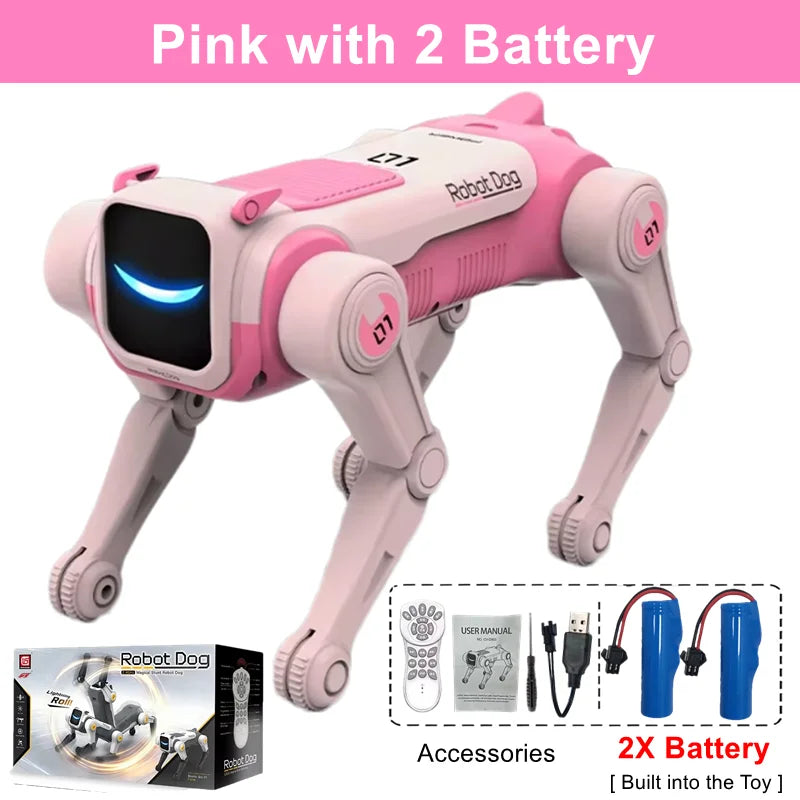 Perro robot RC rosa con 2 baterías incluidas, ojos LED azules y patas articuladas.