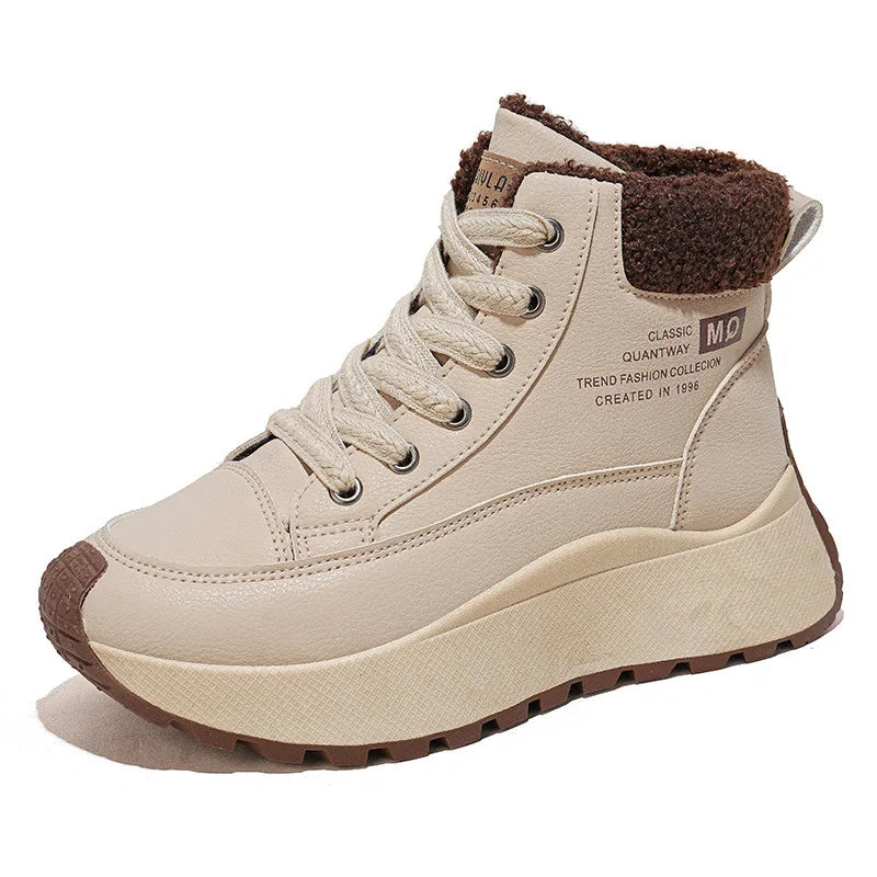 Botas de nieve tobilleras de suela gruesa de cuero para mujer, botas de algodón con cordones, gruesas, cálidas, impermeables, antideslizantes, de invierno