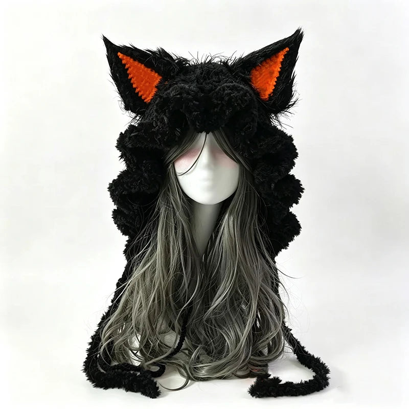 Gorro de Orejas de Zorro Rojo y Negro Tejido a Mano Personalizado para Mujer, Gorro de Punto Suave con Lazos Largos, Estilo Gótico Unisex, Accesorio Cálido de Invierno de Hada Oscura