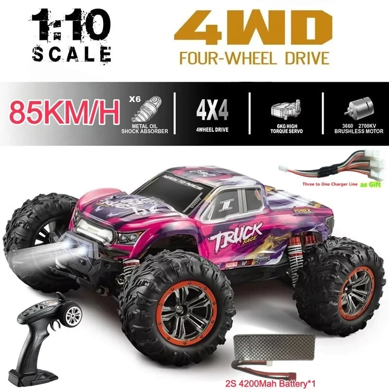 Coche RC de derrape 4WD rosa con ruedas grandes y llantas naranjas, control remoto incluido