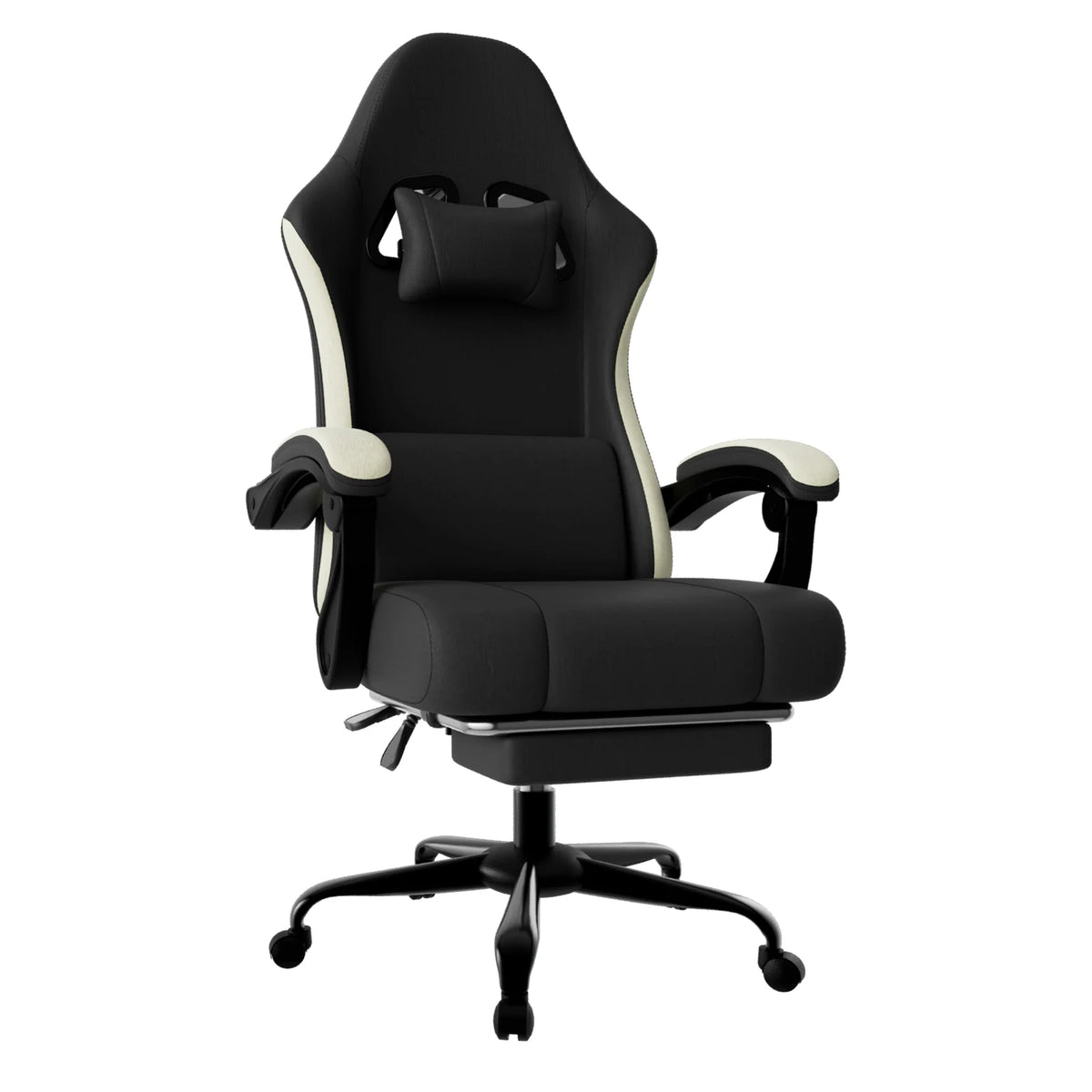 Silla de gaming ergonómica negra con reposacabezas y almohadilla lumbar, brazos ajustables