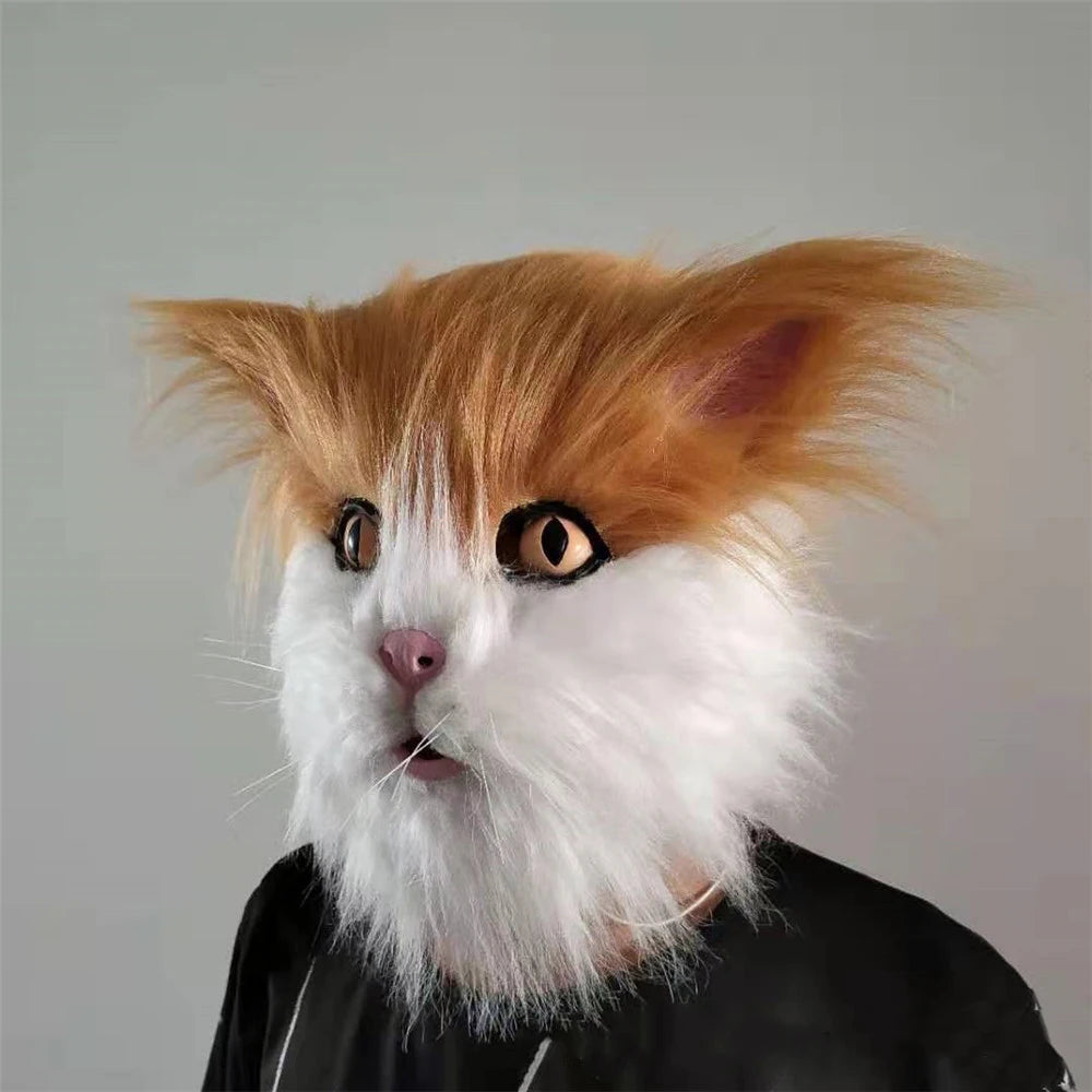 Máscara de látex con pelo de gato negro, casco aterrador, disfraz divertido de animal, capucha con pelo, accesorio para la cabeza, para adultos, para fiestas de Halloween