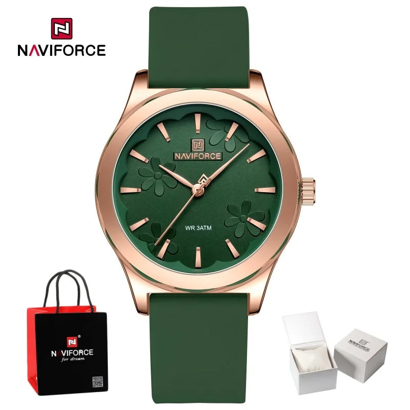 Relojes de moda sencillos para mujer NAVIFORCE, reloj de cuarzo resistente al agua con correa de silicona suave, diseño exquisito y único, caja de regalo.