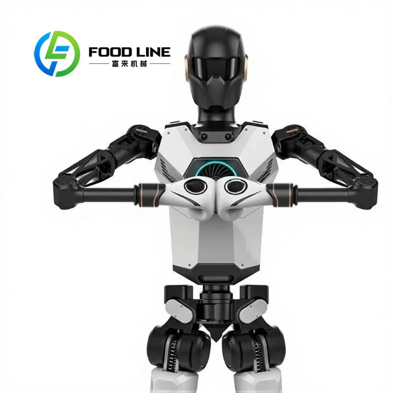 Robot humanoide blanco con máscara negra y ojos circulares, brazos flexibles