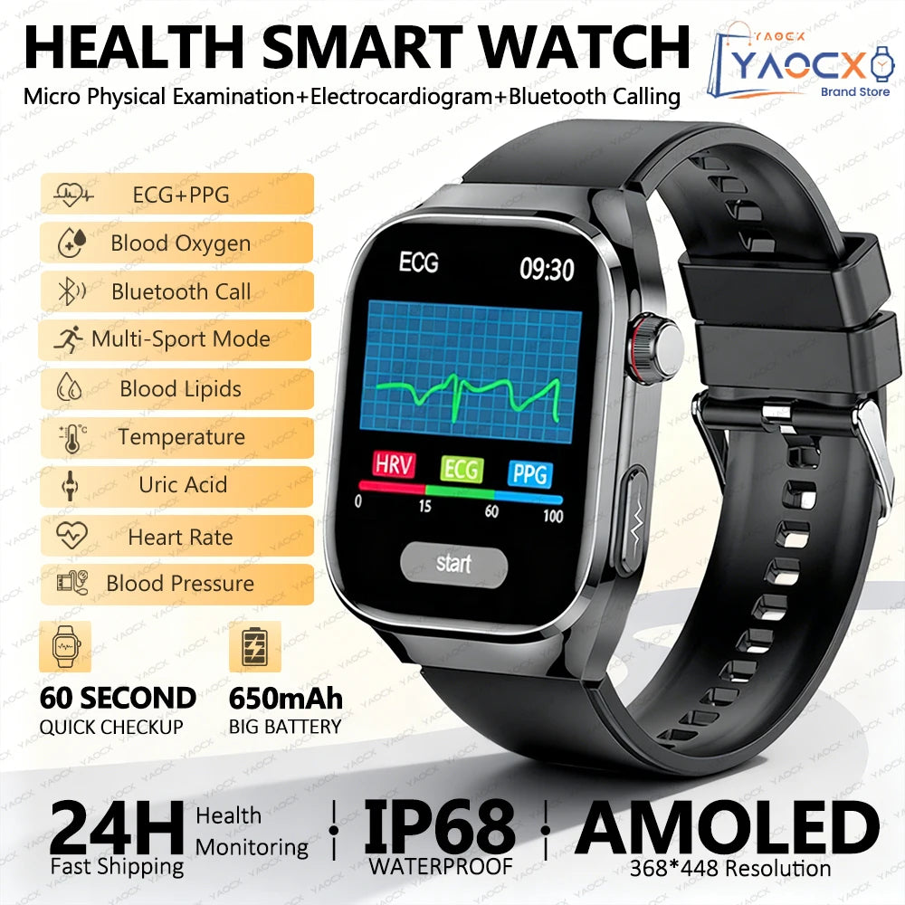 Reloj inteligente para hombre 2026, nuevo modelo con medición de ácido úrico y lípidos en sangre, ECG+PPG, presión arterial, frecuencia cardíaca, llamadas Bluetooth, reloj inteligente de salud