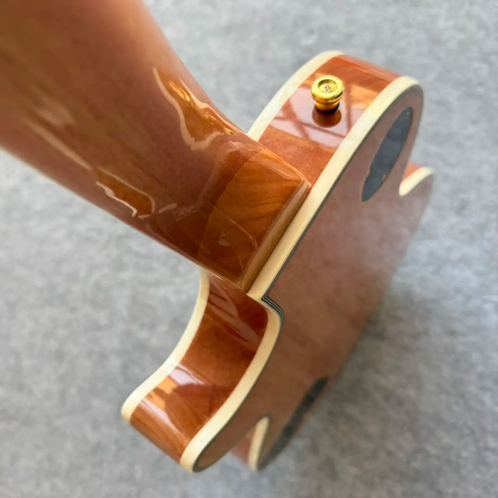 Guitarra eléctrica de cuerpo sólido, con tapa de arce flameado natural, herrajes dorados y doble pastilla humbucker, 22 trastes, ideal para principiantes.