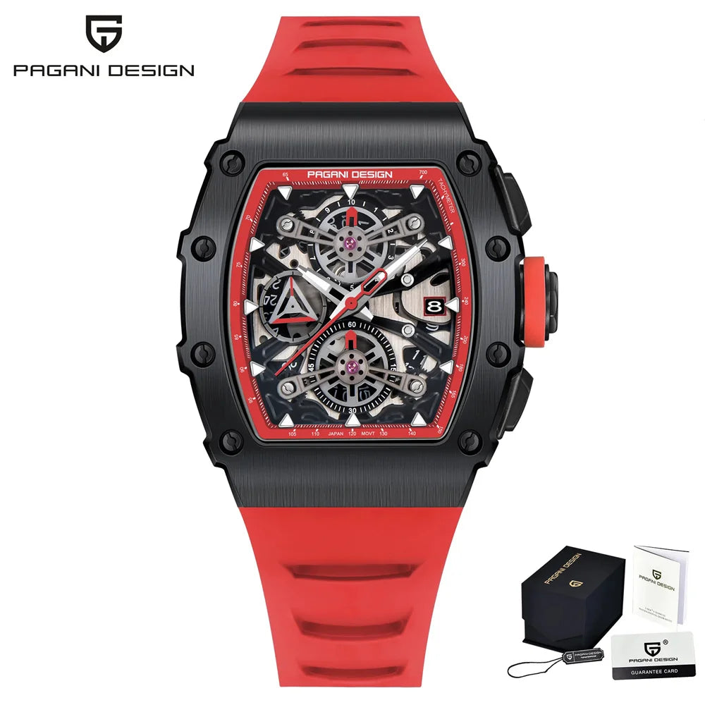 Pagani Design Men's Quartz Watches Japan Movt Skeleton Dial Waterproof Sport Rectangle Sapphire Glass Chronograph Watch For Men