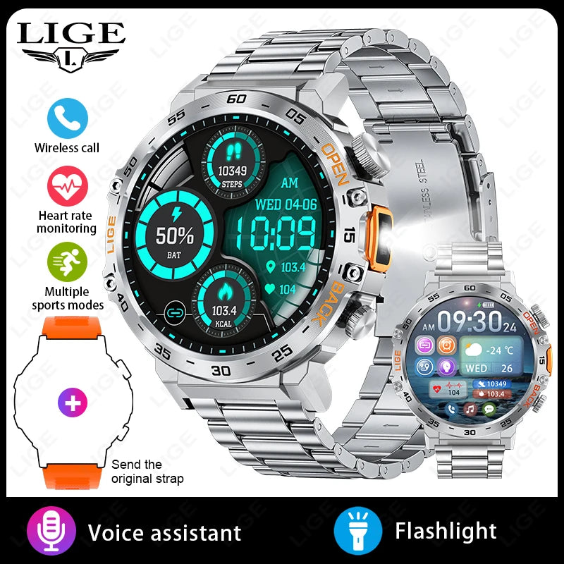 LIGE 2026 Smart Watch Men Sport Watches LED Flashlight 360*360 Ultra HD Screen Waterproof Fitness Bluetooth Call Men Smartwatch