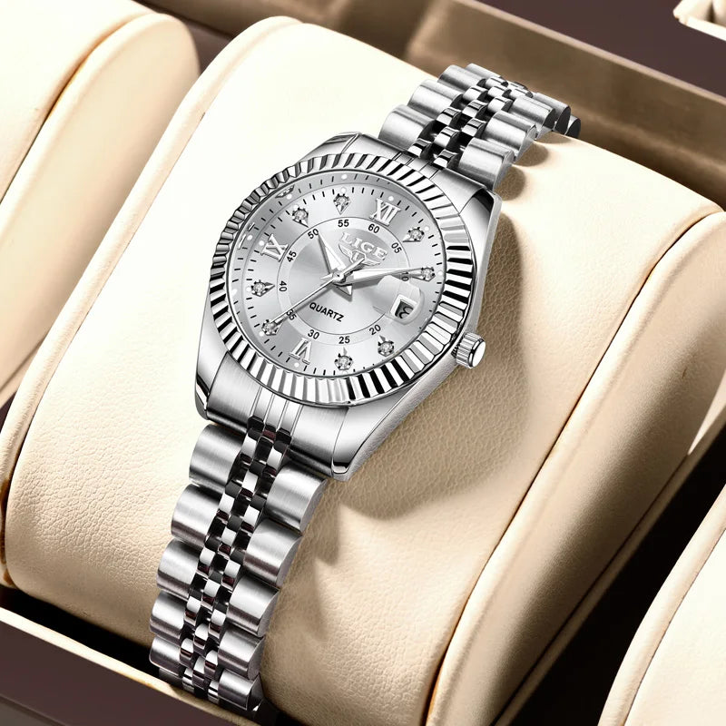 Reloj de pulsera LIGE de moda para mujer, resistente al agua, luminoso, con fecha, elegante reloj de cuarzo de acero inoxidable para mujer