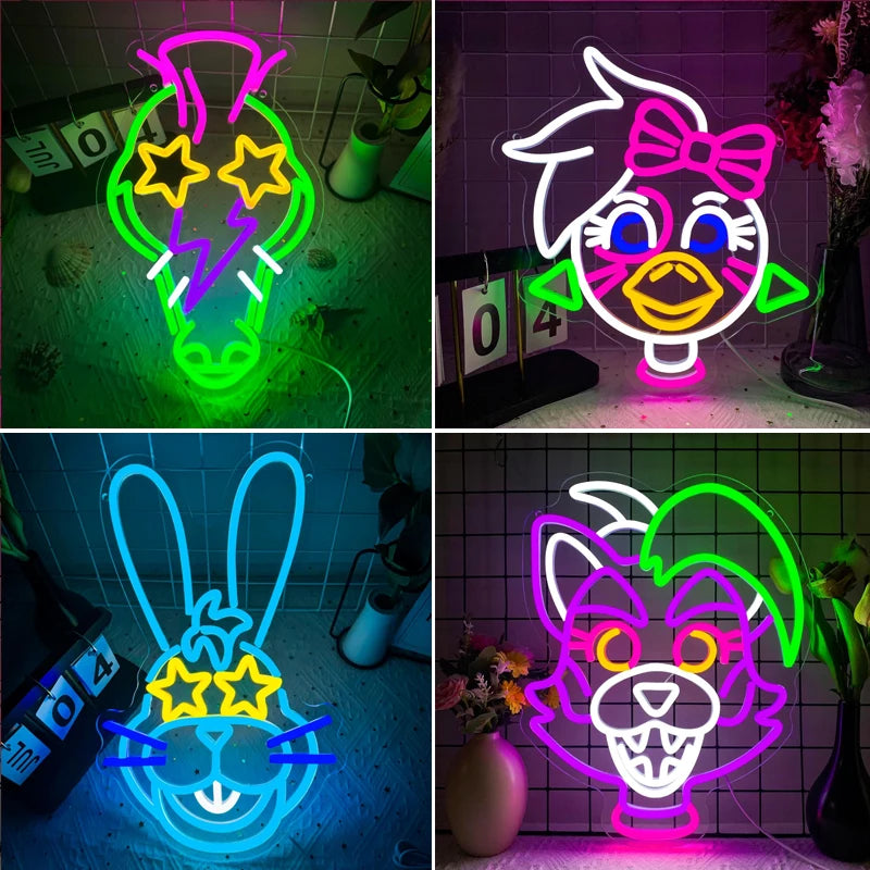 Letrero de neón con figura de conejo anime, contorno blanco y estrellas multicolor.