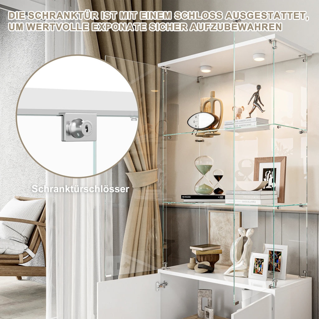 Anajqaqia 78.5cm×35cm×164cm Vitrina de cristal de 3 niveles + 1 armario, mueble bar, vitrina moderna de cristal, con espacio de almacenamiento para objetos de colección, libros, vino, blanco