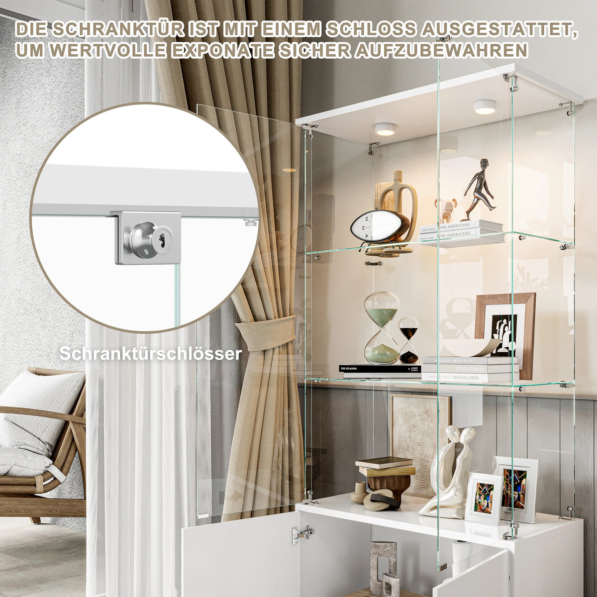 Anajqaqia 78.5cm×35cm×164cm Vitrina de cristal de 3 niveles + 1 armario, mueble bar, vitrina moderna de cristal, con espacio de almacenamiento para objetos de colección, libros, vino, blanco