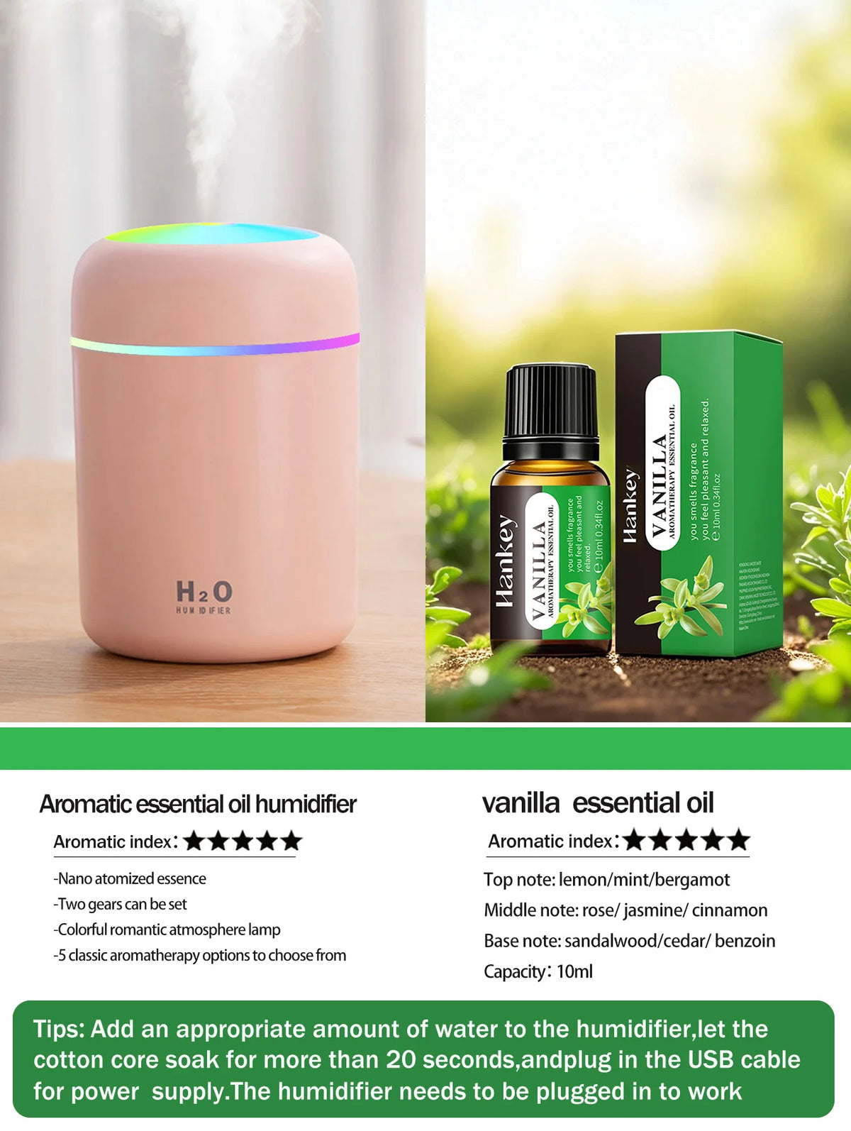 Difusor de aromaterapia de 300ml, humidificador, purificador de aire, uso doméstico en el coche, aceite esencial de aromaterapia con luz de siete colores