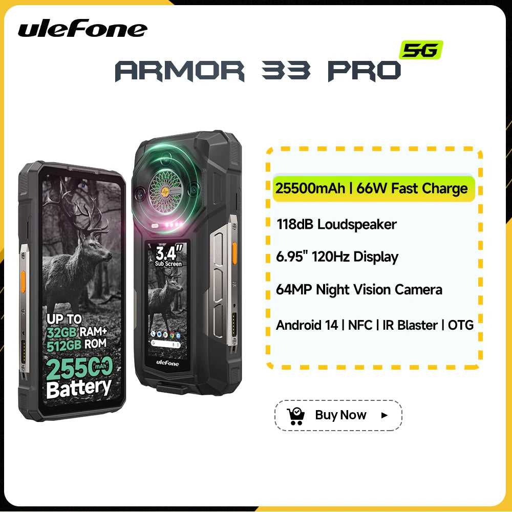Teléfono resistente Ulefone Armor 33 Pro 5G, smartphone Android 14, 6.95", 120Hz, hasta 32GB+512GB, 25500mAh, NFC, carga de 66W, altavoz potente