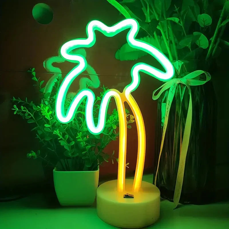 Letrero LED tipo neón de palmera coco con base redonda, luz verde y amarilla