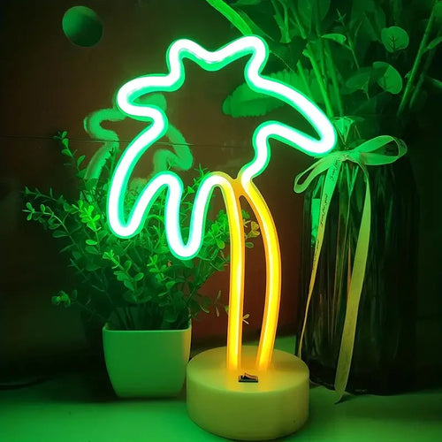 Letrero LED tipo neón de palmera coco con base redonda, luz verde y amarilla