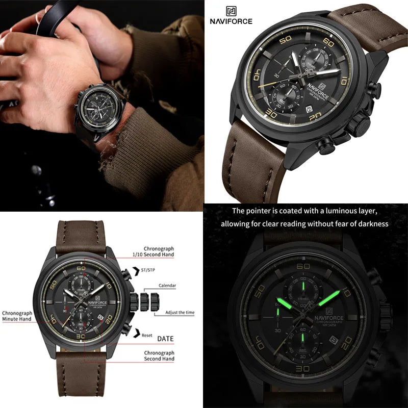 NAVIFORCE Chronograph Wristwatch for Male Quartz Date Display 30M Waterproof Real Leather Strap Clock Mature Fashion Man's Watch