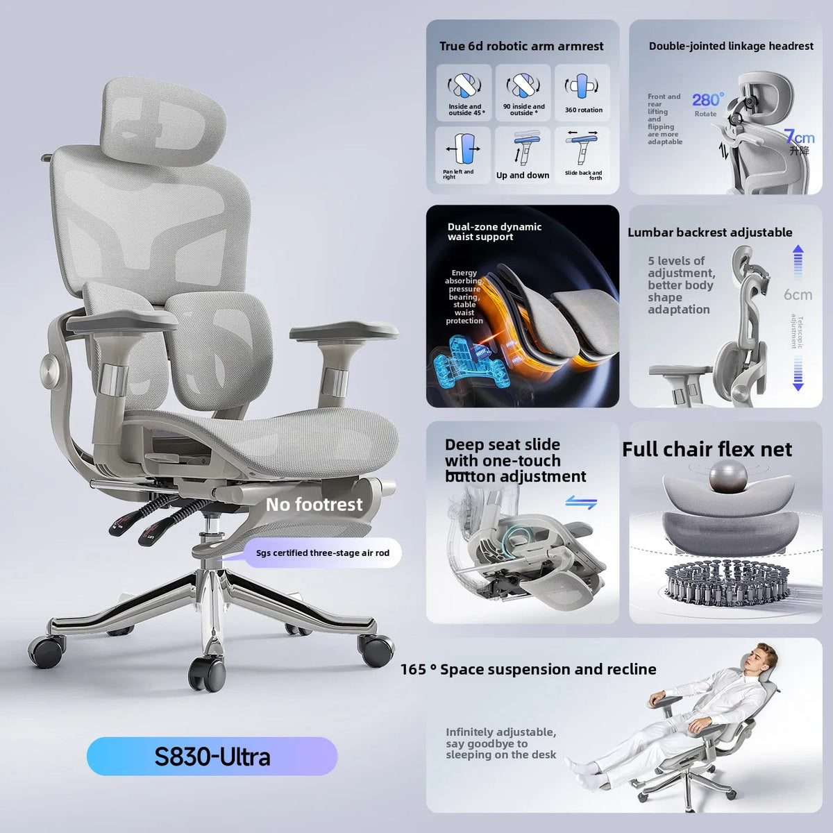 Silla ergonómica gris claro con reposacabezas y respaldo ajustable de malla