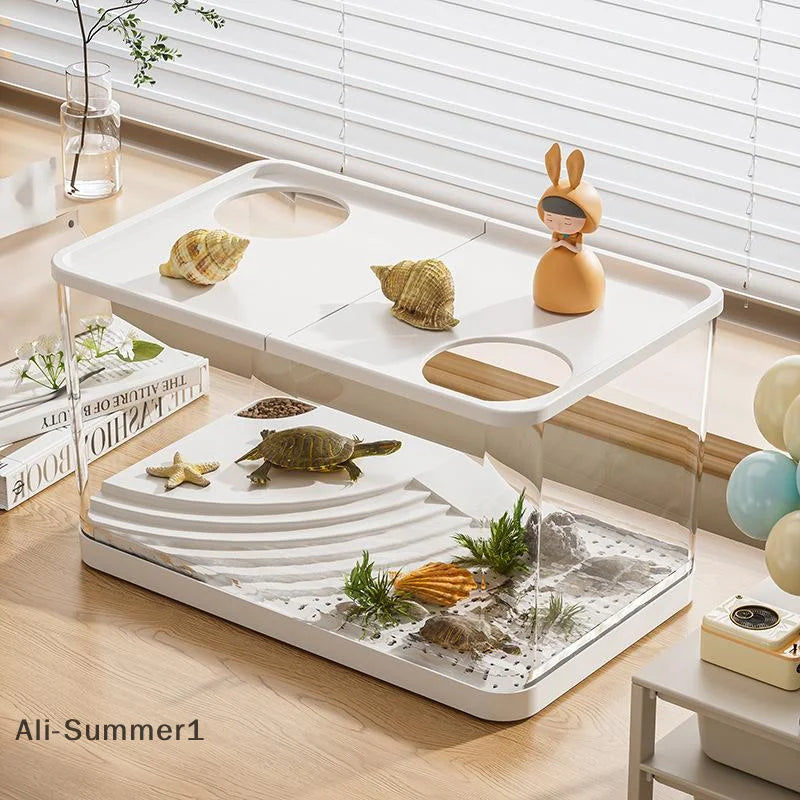 【E】Mini pecera de PET transparente, acuario hidropónico resistente a caídas con tapa, tanque ecológico de escritorio para el hogar, acuario fácil de mantener para tortugas
