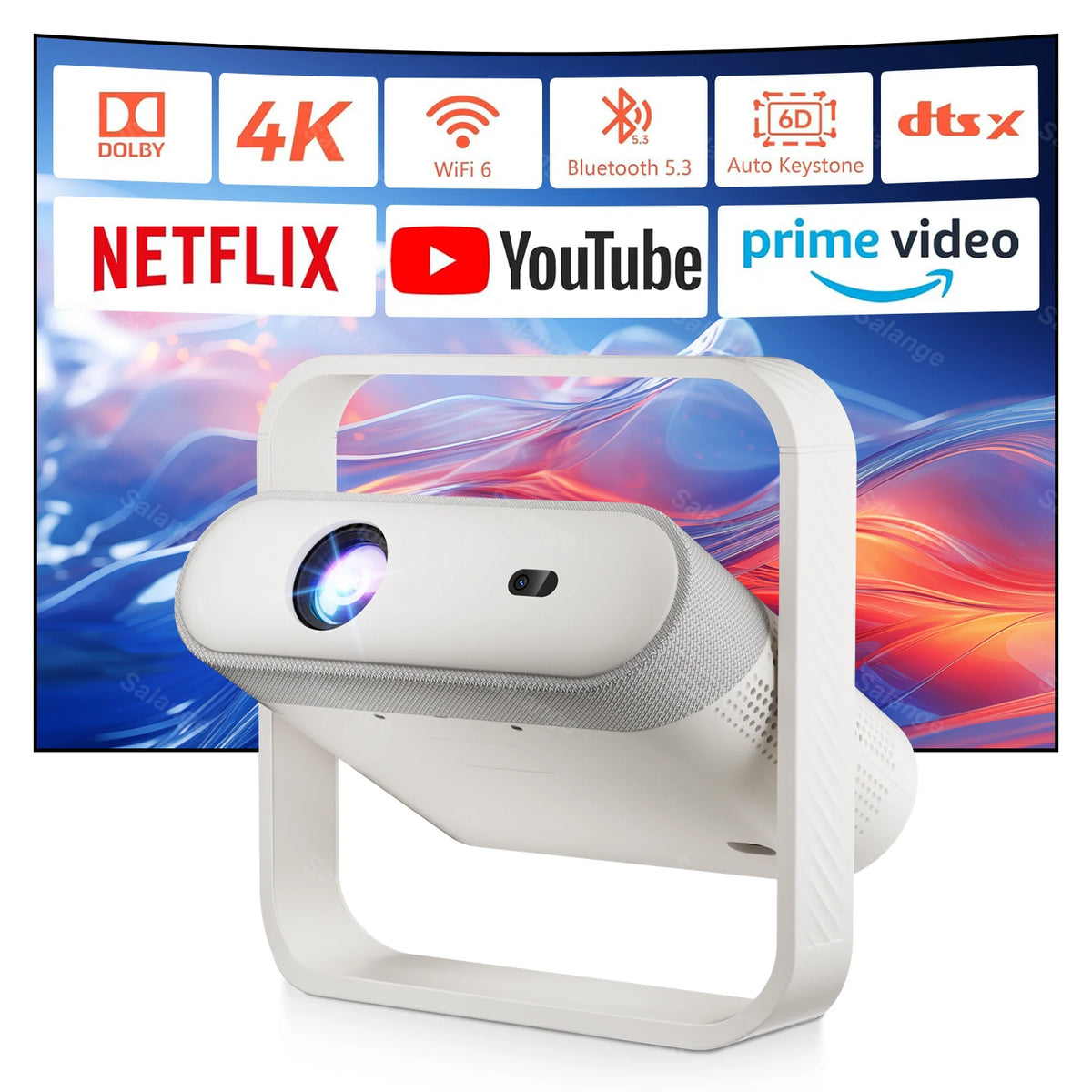Proyector Salange 1080P con Enfoque Automático Android, BT5.4, WIFI6, 70mm Ultrafino, Luz Ambiental RGB, Altavoz HiFi para Cine en Casa P40