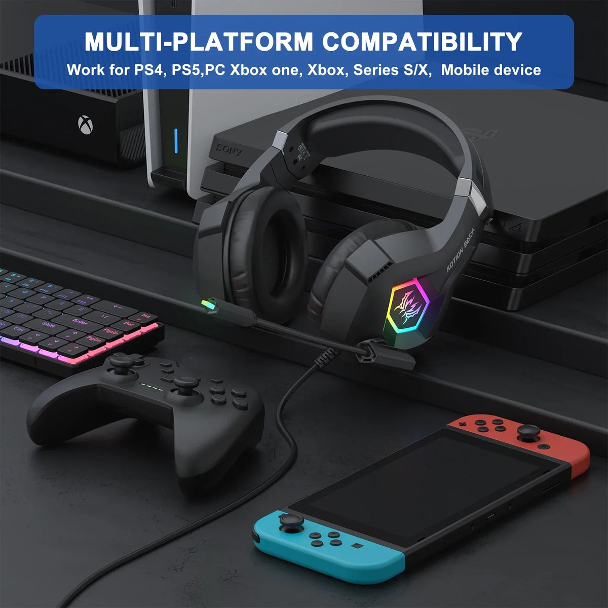 Auriculares gaming negros sobre escritorio, luces RGB en la copa y cable trenzado