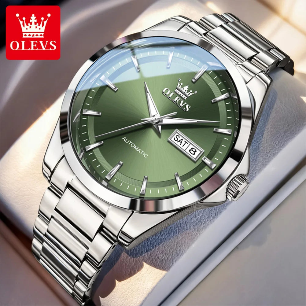Reloj para hombre OLEVS 7090, reloj de pulsera mecánico automático con doble calendario, de acero inoxidable y resistente al agua, de gran venta