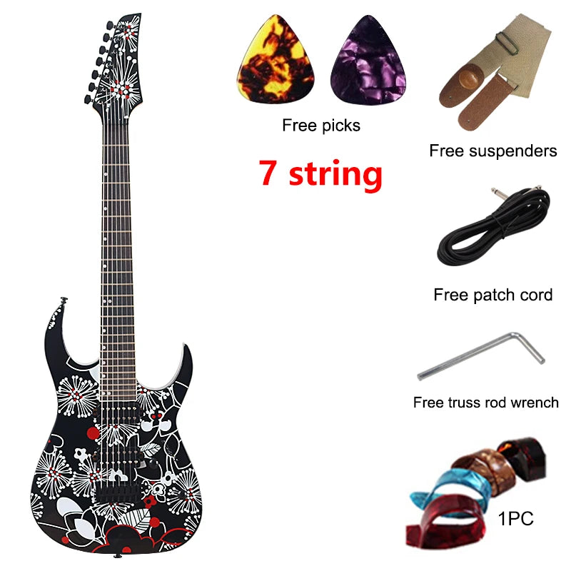 Guitarra Eléctrica de 7 Cuerdas, 39 Pulgadas, Cuerpo de Madera de Tilo con Diseño Floral Negro, Mástil de Arce Canadiense, Acabado Brillante, Envío Gratuito a Estados Unidos