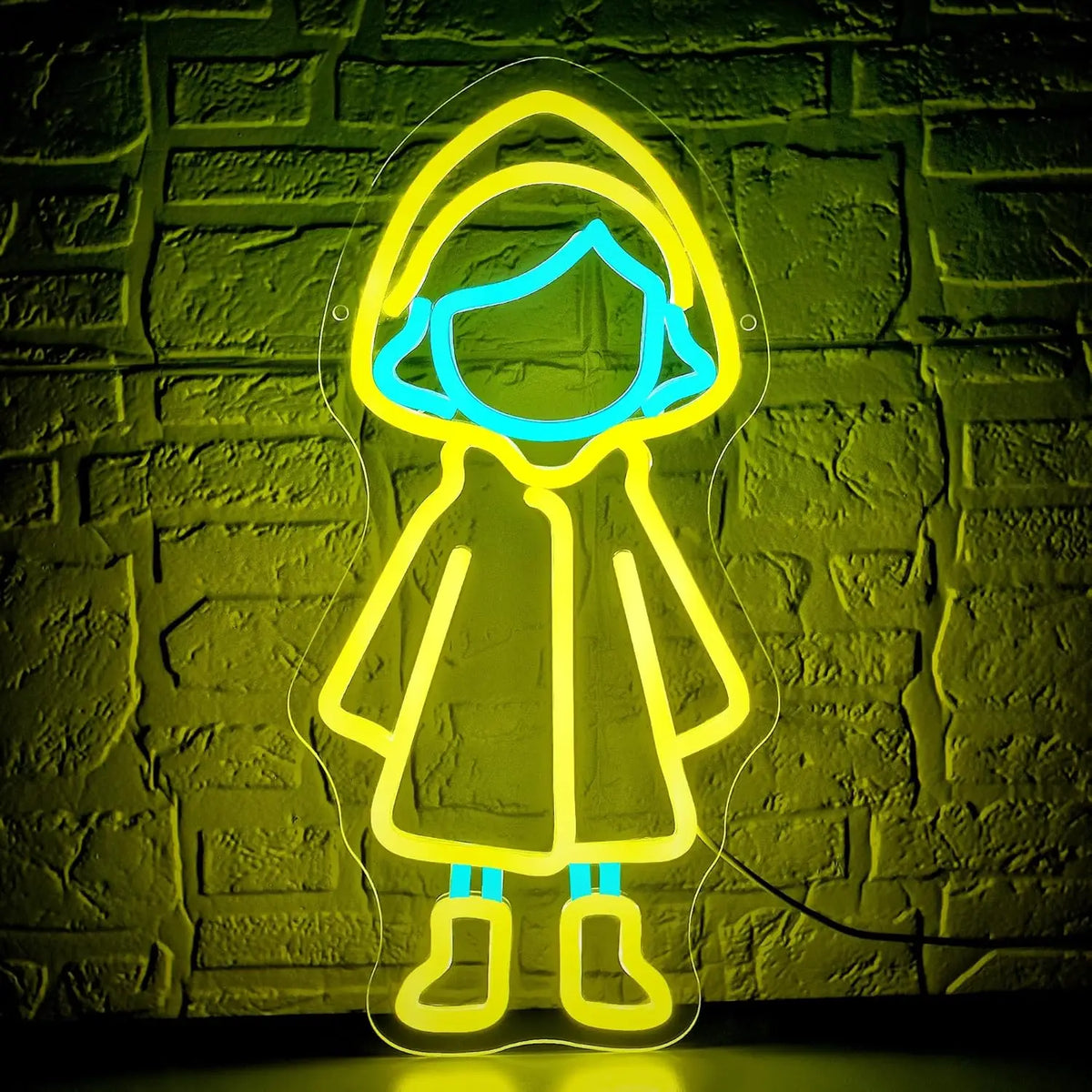 Letrero LED de neón con figura de vestido, colores amarillo, azul y fondo verde