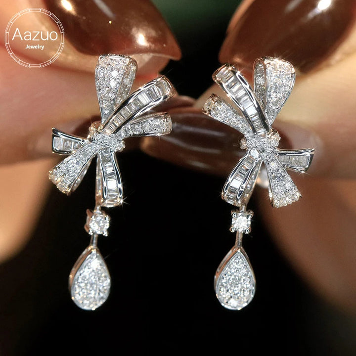 Aazuo, joyería de lujo, oro blanco de 18 quilates, diamantes naturales de 0,75 quilates, pendientes con lazo a la moda para niña, regalo de moda, Au750 fino