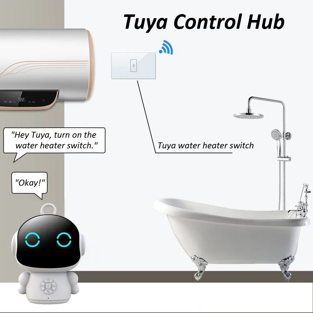 Robot asistente de voz infantil blanco y negro con luz azul, diseñado para controlar