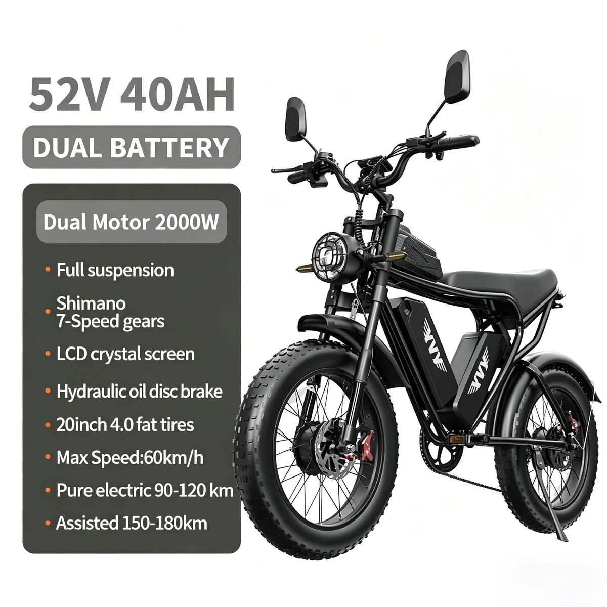 Bicicleta eléctrica YVY/RAYZEPH C20MAX, stock en la UE, 2000W, neumático ancho de 20*4" pulgadas, batería extraíble de 52V 40Ah, 7 velocidades, frenos hidráulicos dobles, Adu