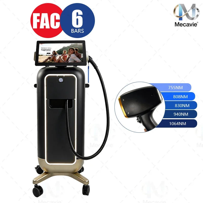 Máquina profesional de depilación láser con diodo de 6 longitudes de onda, sistema de colimación de eje rápido, sistema de enfriamiento por puntos de hielo y para el cuidado de la piel en salones de belleza.