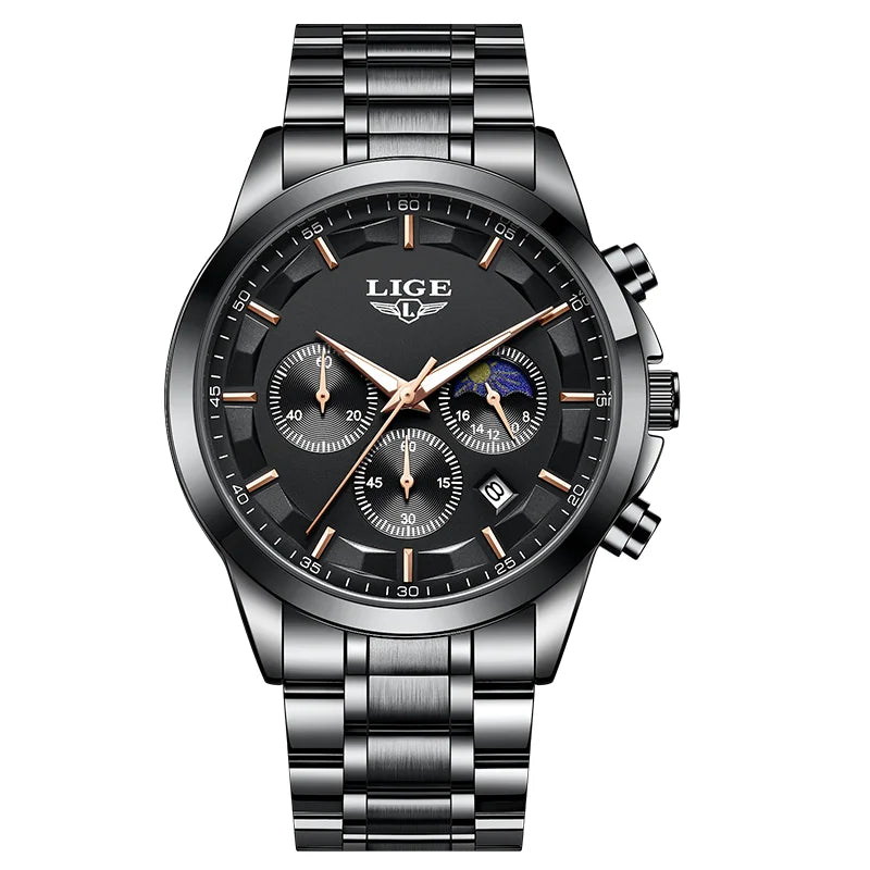 Reloj LIGE Original de Lujo de Cuarzo para Hombre, Luminoso, Resistente al Agua, con Fecha Automática y Cronógrafo + Caja