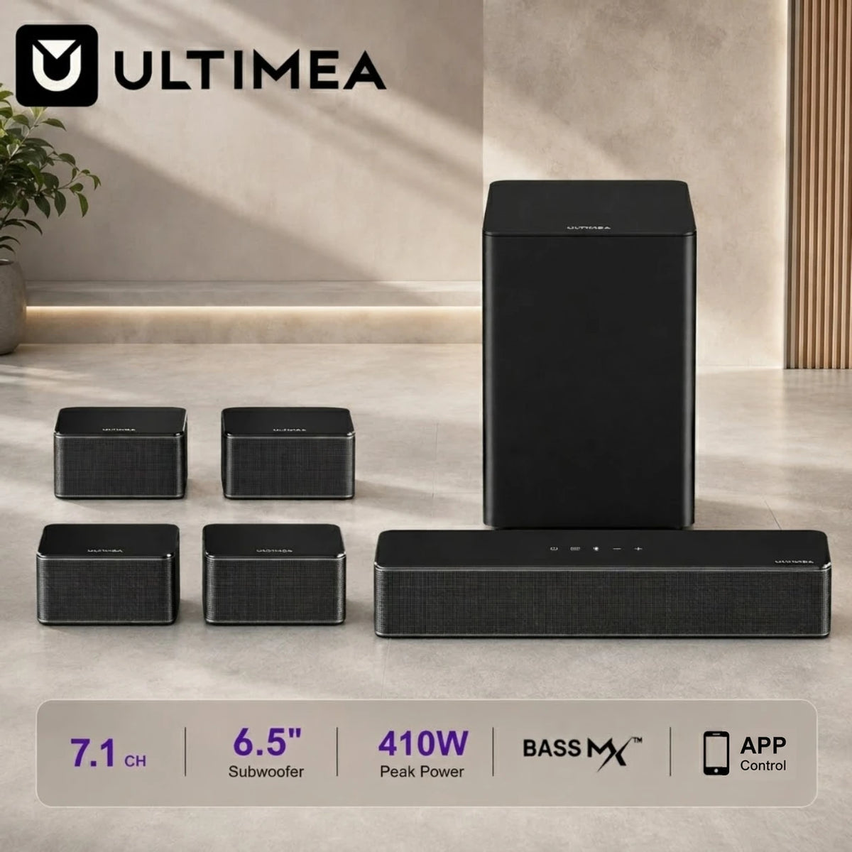 Barra de Sonido Envolvente ULTIMEA 7.1 para Televisores Inteligentes, Barra de Sonido de Cine en Casa de 410 W con Subwoofer Inalámbrico de 6.5 Pulgadas y 4 Altavoces Envolventes, SurroundX, Control por Aplicación