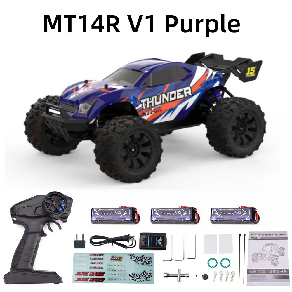 Camión RC 4x4 sin escobillas morado con ruedas grandes y control remoto incluido