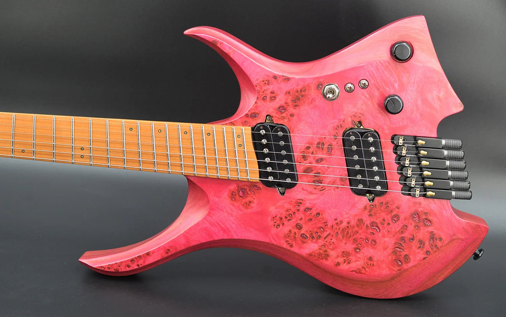 Guitarra eléctrica sin cabeza NK 2026, 6 cuerdas, trastes en abanico, color rosa, madera de álamo con vetas, 3 piezas, mástil de madera de wengué