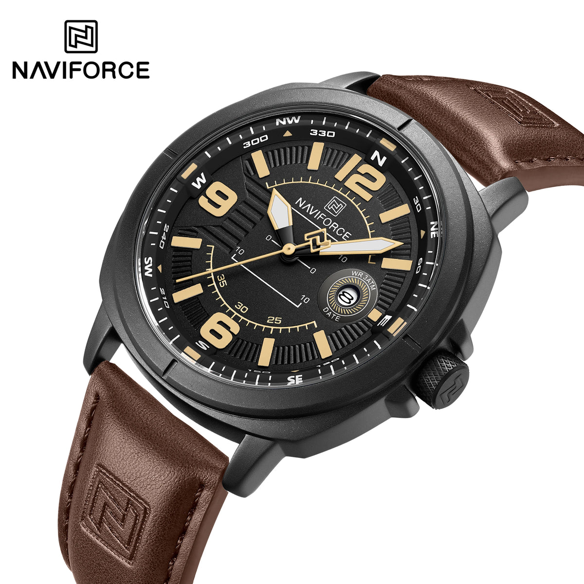 NAVIFORCE 8078 Men's Quartz Watch Luminous Calendar Casual Sports Wristwatch Waterproof with Soft Leather Strap for Daily Wear