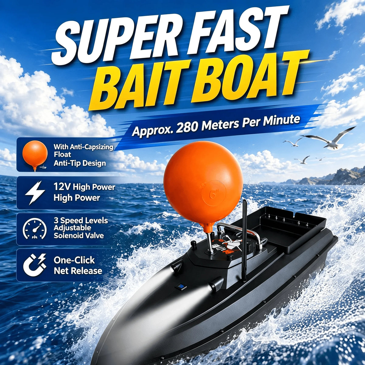 JS90 12V GPS Fishing Bait Boat Speed 280m/Min 100 Fishing Spots 3KG Load Auto Cruise & Return 3-Speed Adjustment  Anti-Cap Ball