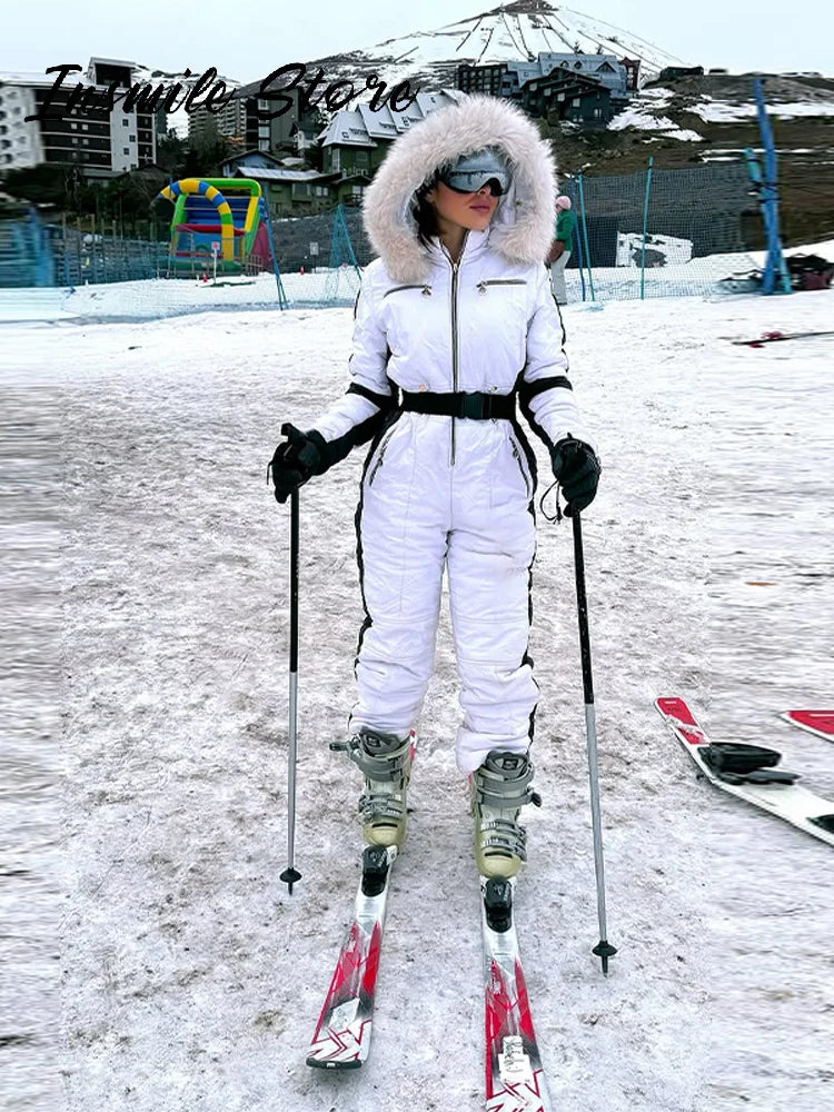 Mono de Esquí con Capucha de Piel para Mujer, con Cinturón en Contraste, Impermeable, con Cremallera, Ropa de Esquí, Traje de Nieve, Deportes de Invierno, Cálido, Nuevo Modelo 2026