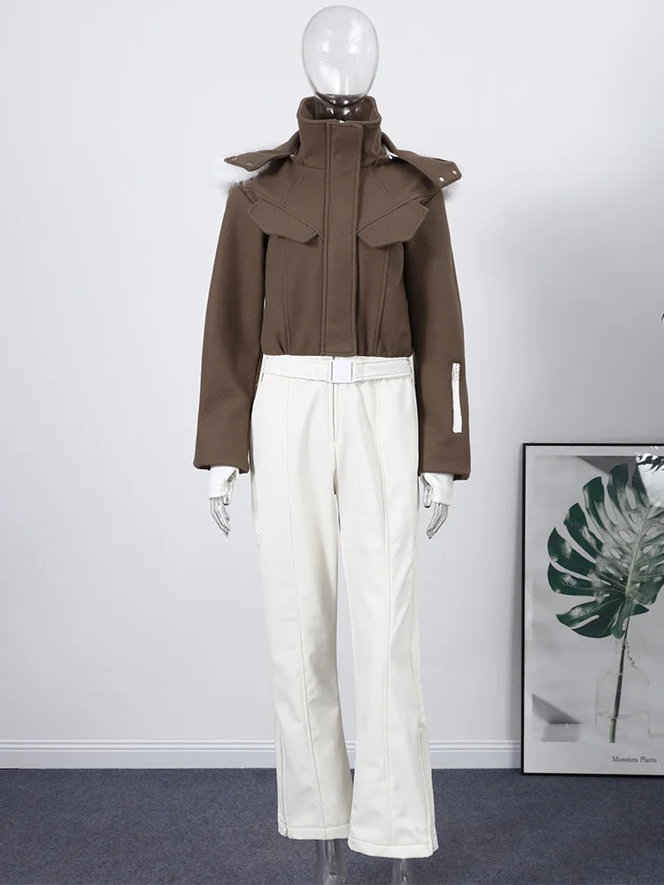 Traje de esquí casual con capucha y cuello de piel para mujer, abrigo con cinturón y cremallera, pantalón recto, monos, ropa de invierno 2025, ropa exterior sólida para damas.
