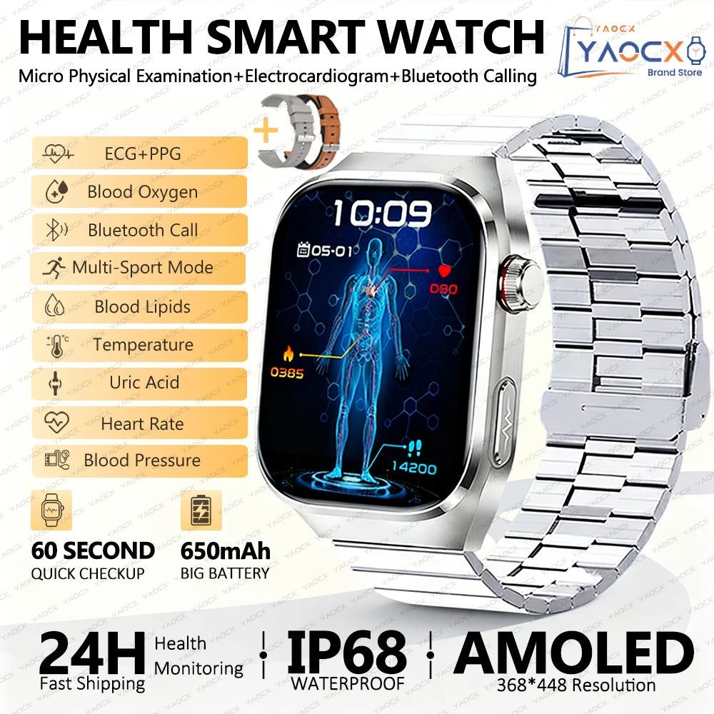 Reloj inteligente para hombre 2026, nuevo modelo con medición de ácido úrico y lípidos en sangre, ECG+PPG, presión arterial, frecuencia cardíaca, llamadas Bluetooth, reloj inteligente de salud